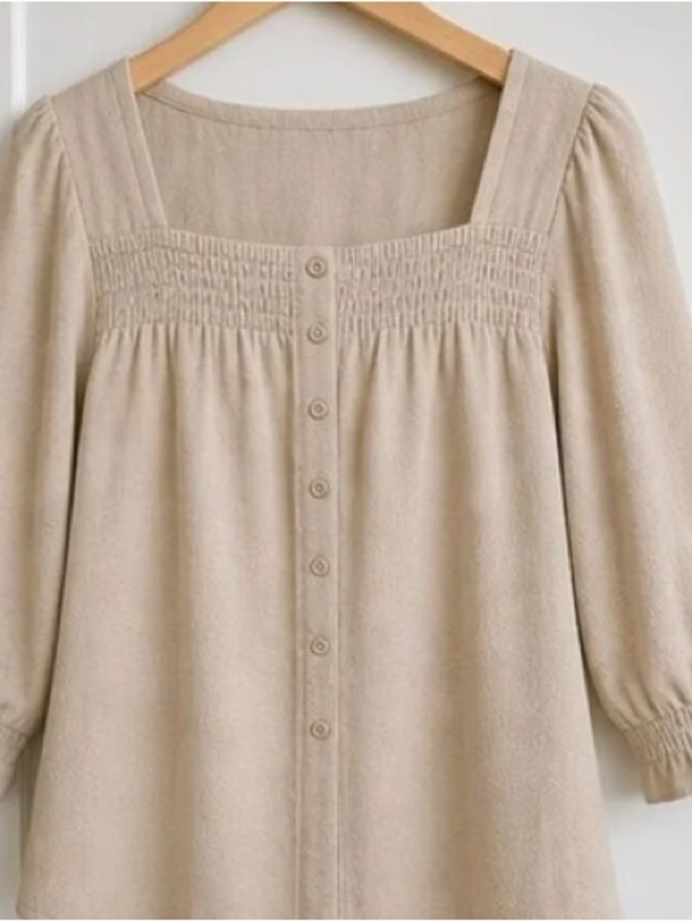 Beige Button-Front Smocked Square-Neck Top